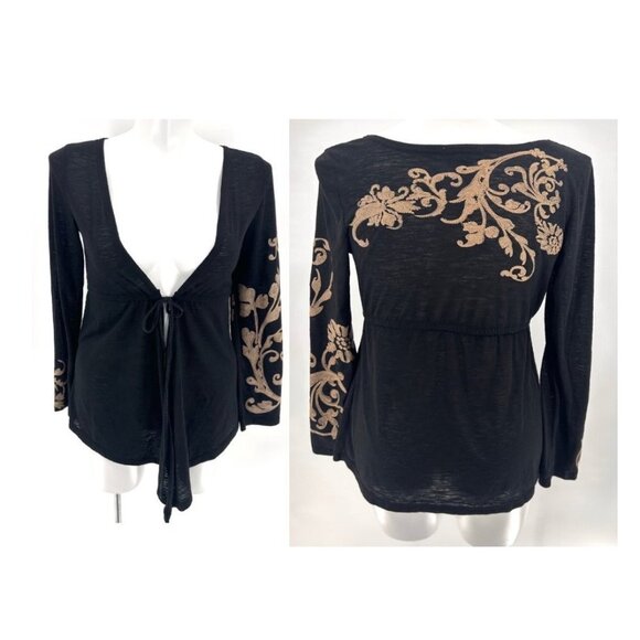 HERA U.S.A. BLACK W/TAN STITCHING DRAWSTRING WAIST CARDI TOP - MEDIUM - Picture 1 of 6